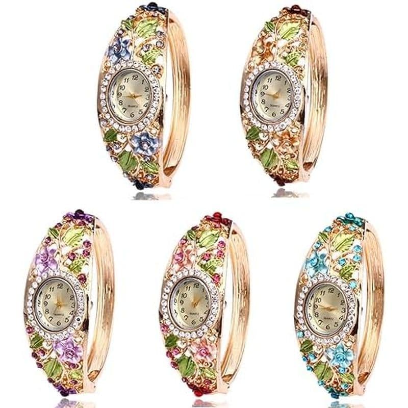 Mulheres Senhoras 5 Peças Atacado Relógio Elegante Pulseira Cristal Mostrador Redondo Com Flor De Pulso