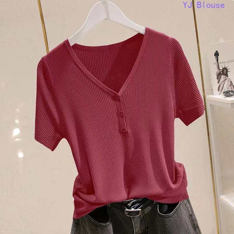 Blusa de Malha de Seda Fresca Estilo Coreano de Verão Tamanho Grande para Mulheres, Manga Curta, Decote em V, T-Shirt 38