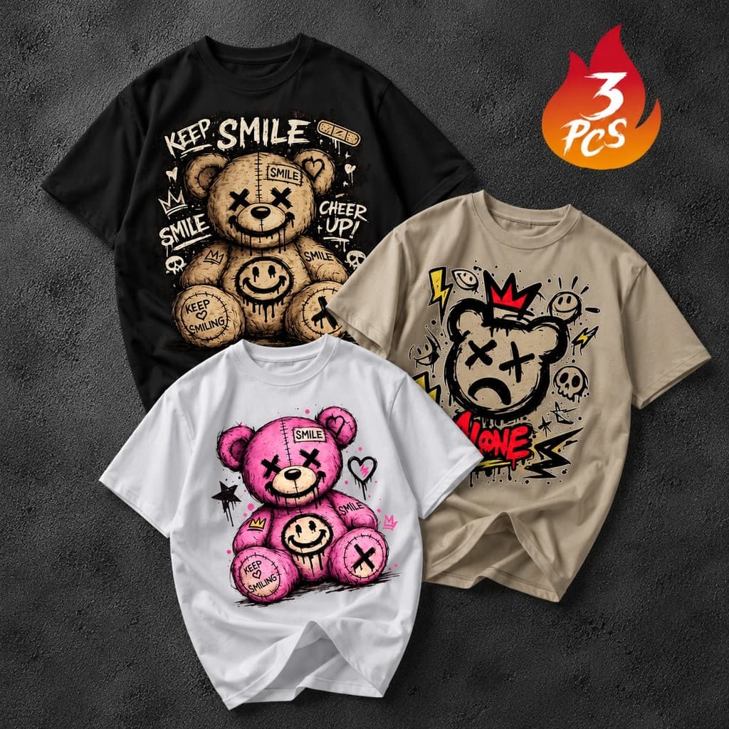 Kit 3 Camisetas Masculinas Urso Streetwear Algodão Premium Estampa Bear Graffiti Casual