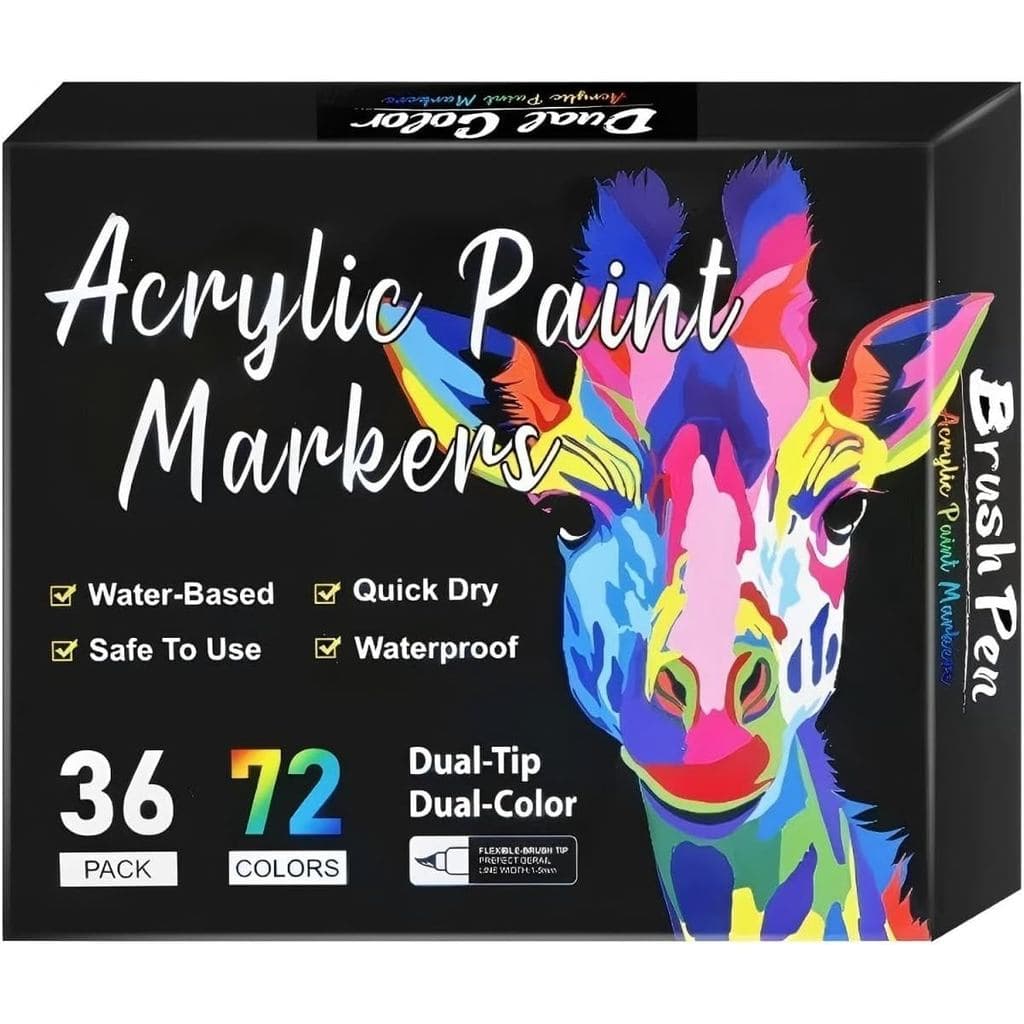 Marcadores de Tinta Acrílica, Conjunto de 36 Canetas Marcadoras de Tinta de Ponta Dupla e Duas Cores, à Base de Água, Se