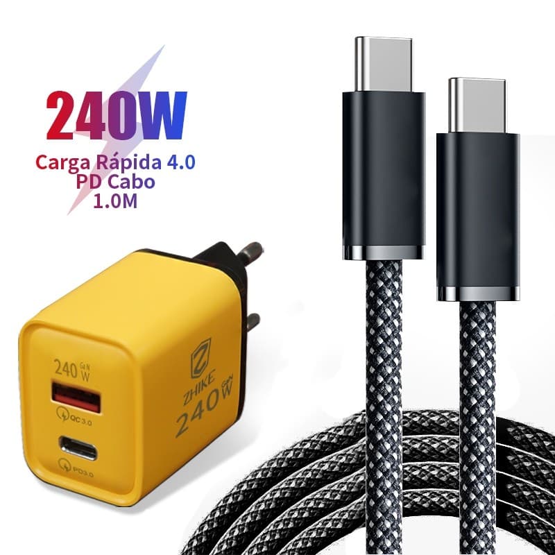 Carregador Rápido 240W ZHIKE PD GaN Tipo C Para Tipo C USB-C de Parede Super Turbo Portátil com Cabo Trançado 1M Kit Pro
