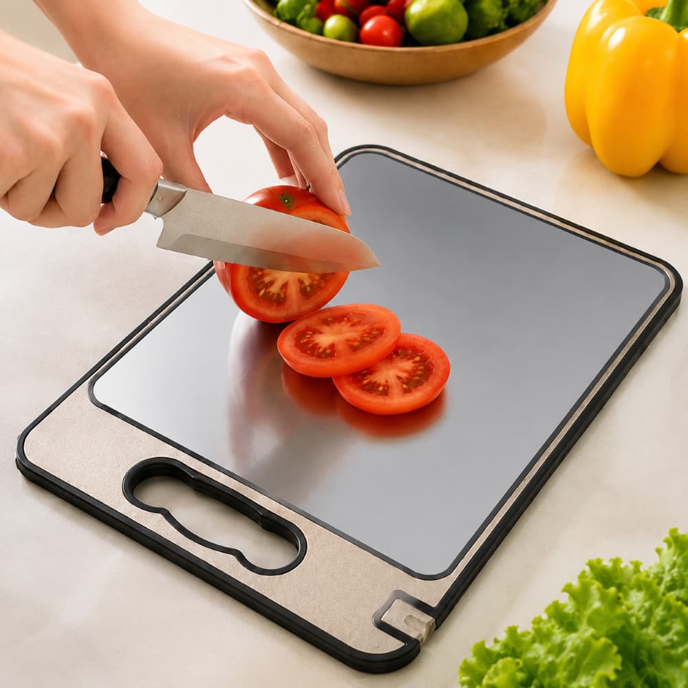 Tábua de Corte Dupla Face Aço Inox 304 Antibacteriana Antiderrapante para Carnes Frutas Legumes Fácil de Limpar
