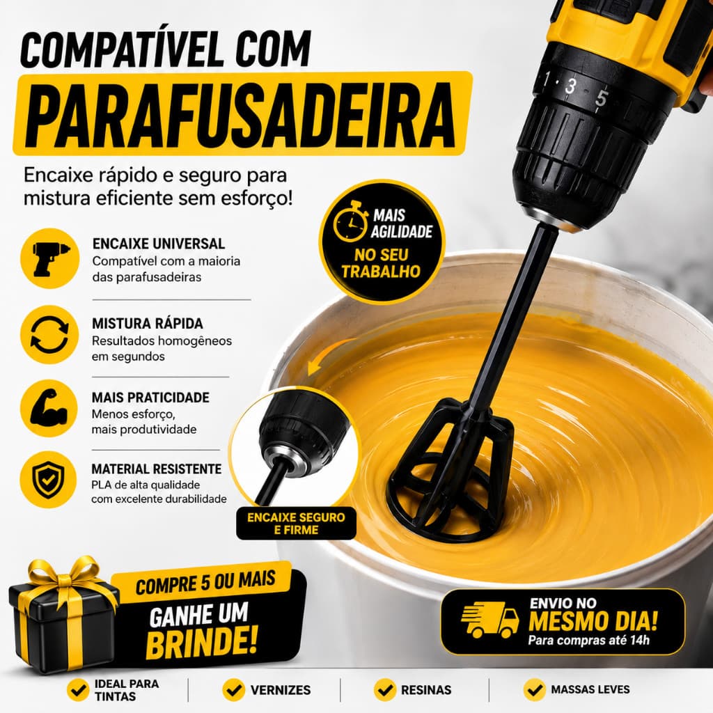 Misturador de Tinta para Furadeira e Parafusadeira 20cm Reforçado Haste Sextavada Argamassa Gesso Resina Textura
