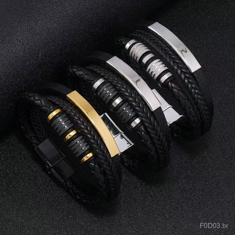 Pulseira Masculina Vintage De Couro De Aço Inoxidável Para Acessórios De Moda