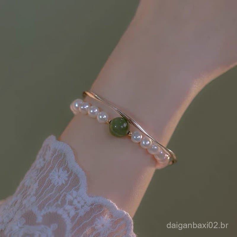 Pulseira de pérola coreana verde, simples e elegante, com cristais brancos, para mulheres.