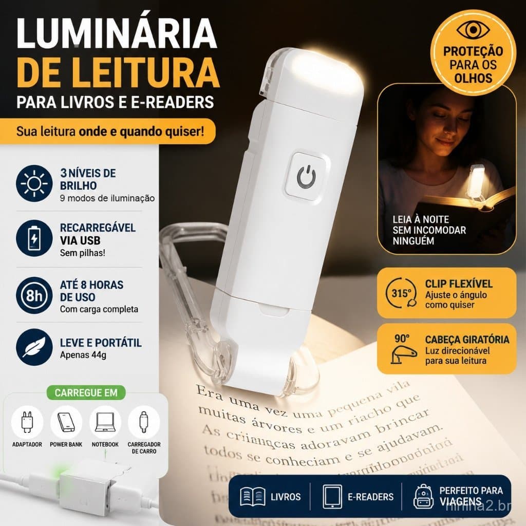 Luz de leitura LED com brilho ajustável, disponível em três cores, clipe para os olhos USB
