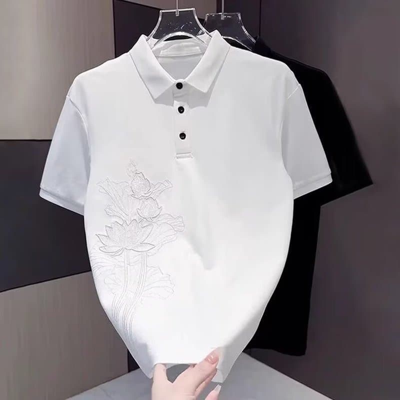 Camisa polo masculina de manga curta com gola estilo chinês, bordado flor de lótus, modelo simples ajustado, roupa de mo