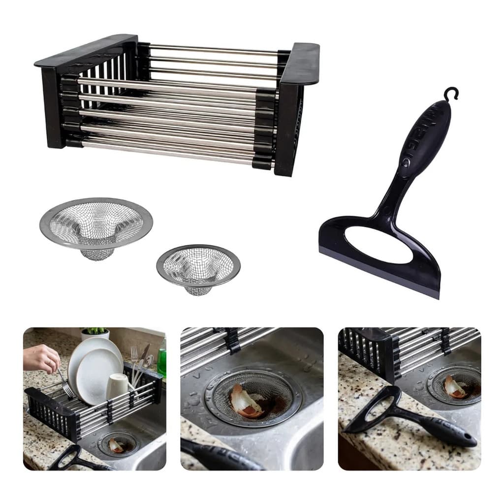 Kit Pia Cesto Escorredor De Louça + 2 Ralos Inox + Rodo Preto E Cinza