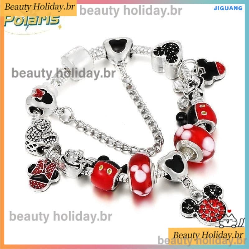 DINGLLY Mickey Minnie Gelang Prata Quente Pulseira De Charme De Cristal De Esmalte Vermelho Para Mulheres