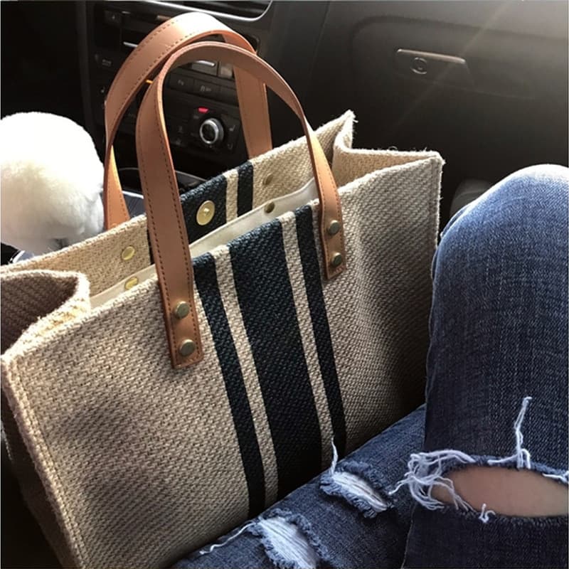 Bolsa feminina estilo coreano para uso profissional, bolsa de ombro simples com listras, bolsa de lona de grande capacid