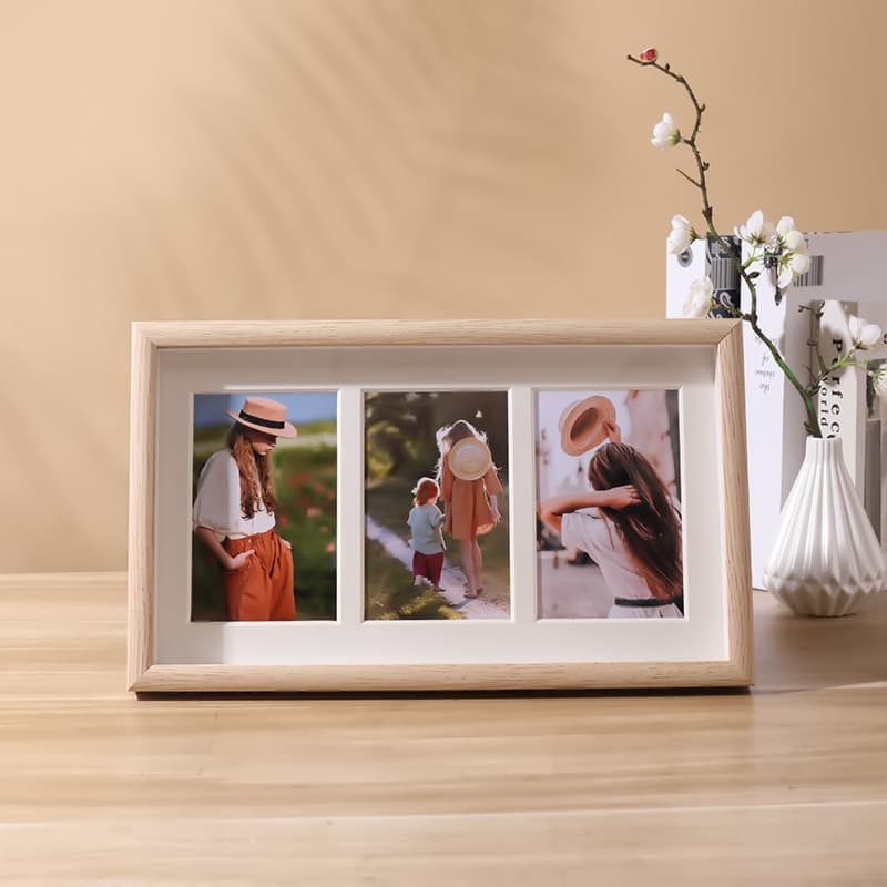 Moldura criativa para fotos, 20 cm, três, quatro combinações contínuas, mesa de madeira, casal, vestido de casamento, la