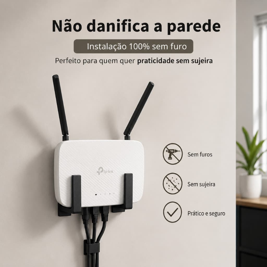Suporte Roteador de Parede Sem Furo Fita 3M Organizador WiFi Universal Suporte Preto para Roteador