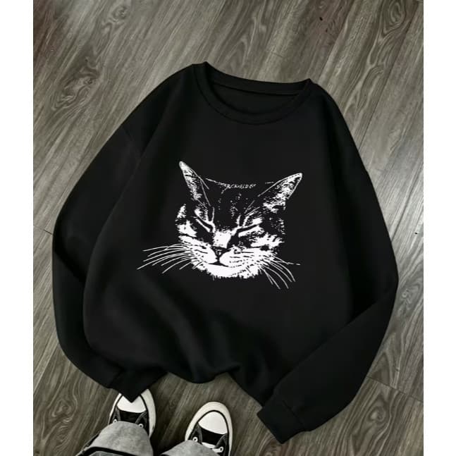 Moletom Gola Redonda Unissex Estampa Gato Preto e Branco Casual Premium
