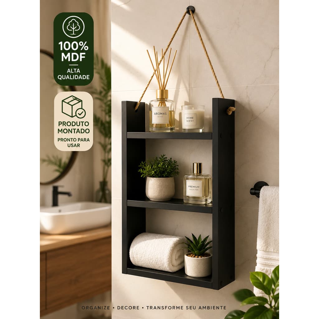 Nicho Decorativo Suspenso 100% MDF | Prateleira de Parede Banheiro Sala Cozinha Quarto com Corda