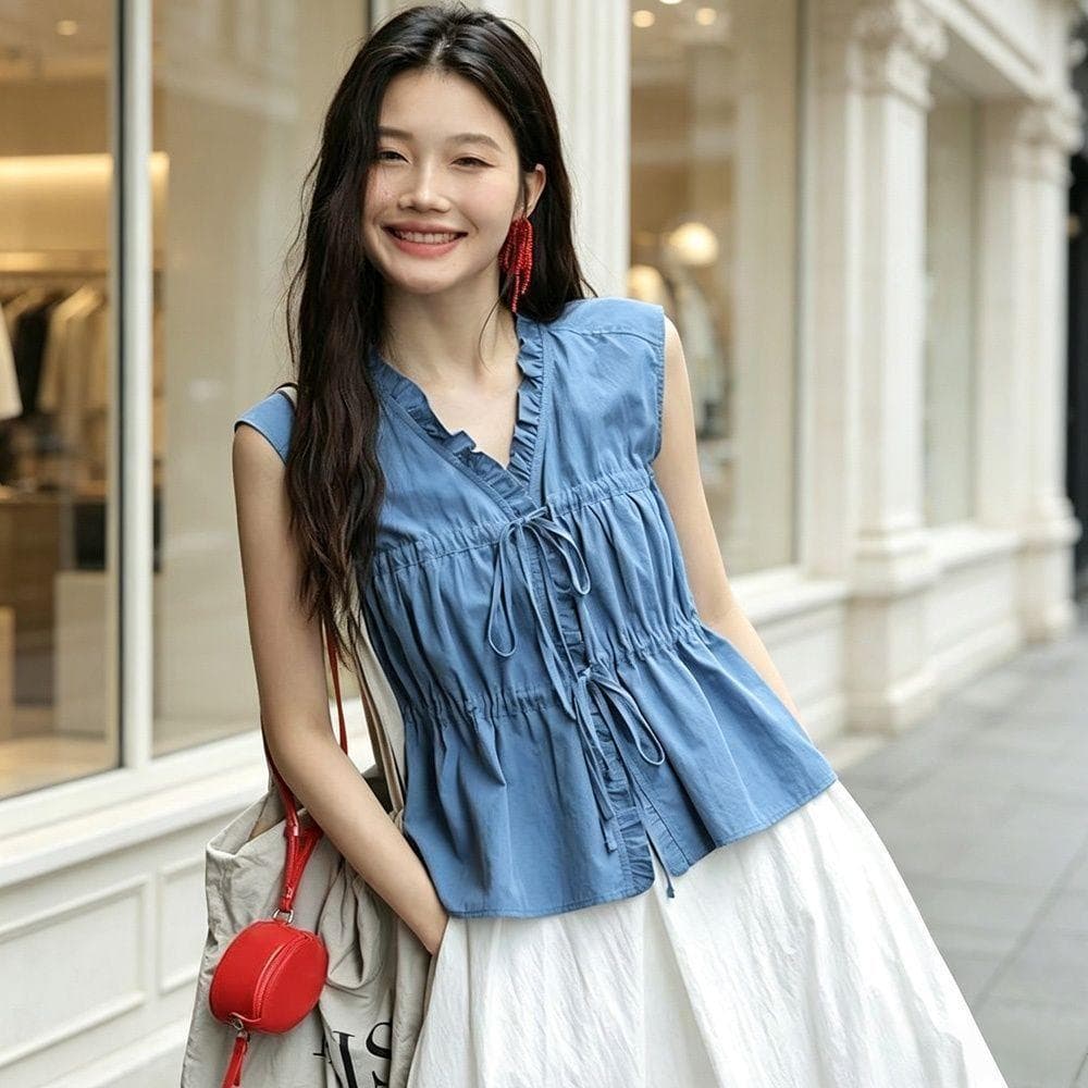 [Seckill por tempo limitado] Camisa azul sem mangas, verão novo estilo de cintura estreita com cadarço camisa de manga c
