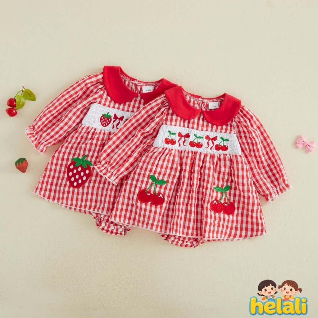 [helali] Macacão Infantil Para Meninas , Vestido Cereja/Morango , Bordado , Manga Curta , Gola Boneca