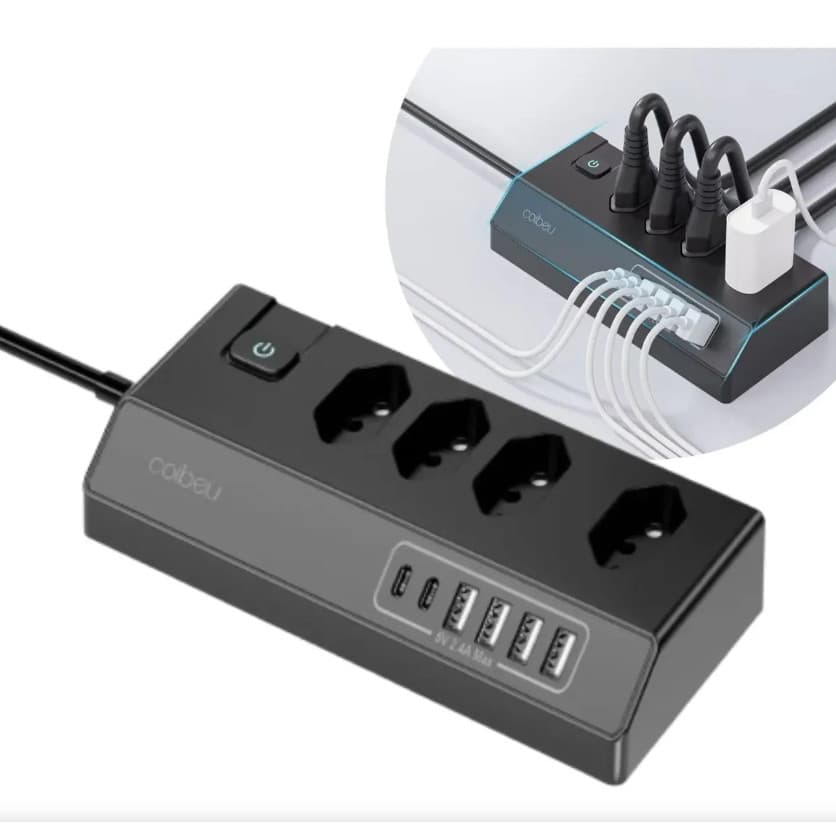 Extensão Elétrica Régua Filtro de Linha 4 Tomadas 6 USB Tipo-C Cabo 1.8M Bivolt 2200W