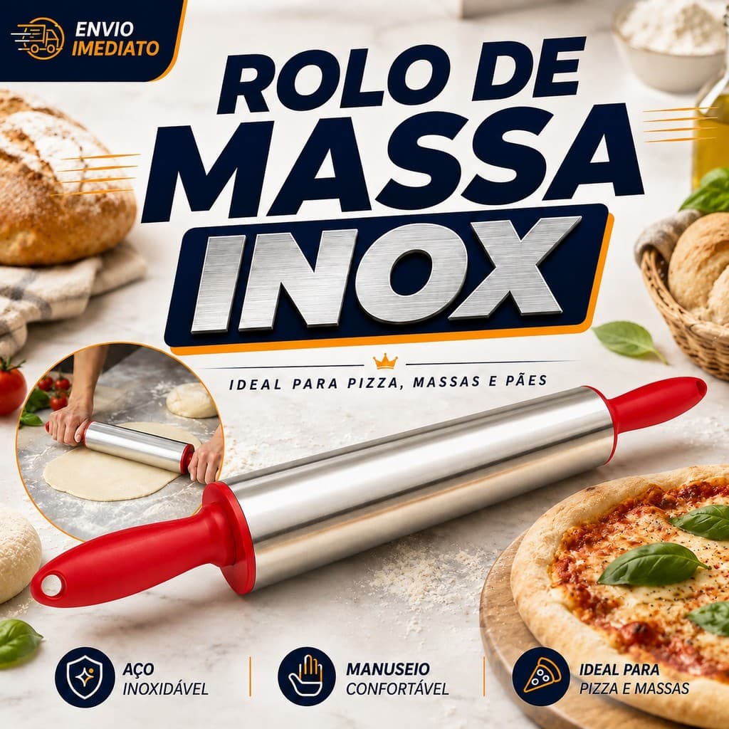 pau de macarrão ou rolo para confeitar e abrir massa de pizza profissional inox grande e pequeno