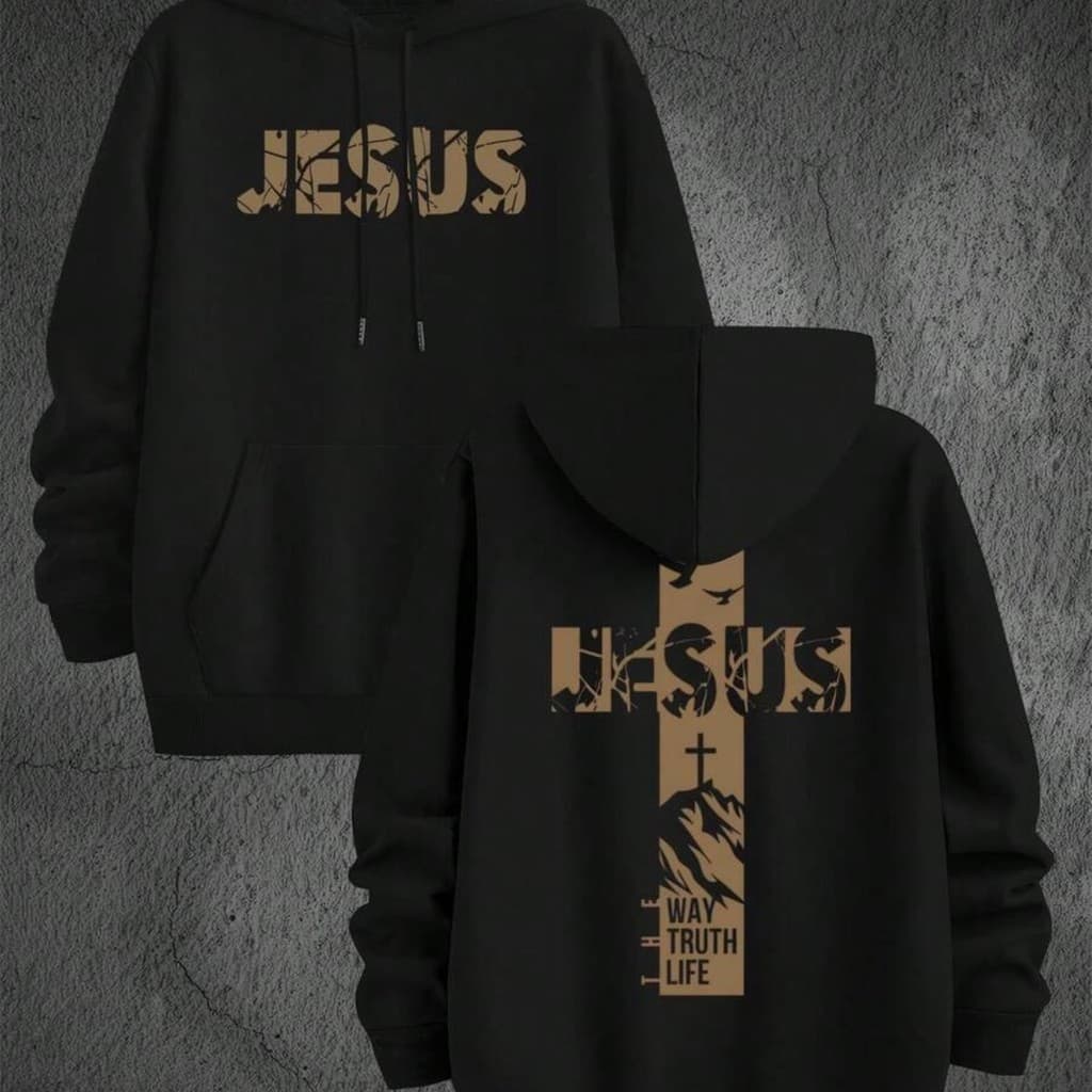 Blusa Casaco Moletom Frio Canguru Bolso Capuz Streetwear Casual Masculino Unissex Estampa Jesus Cruz Dourada life