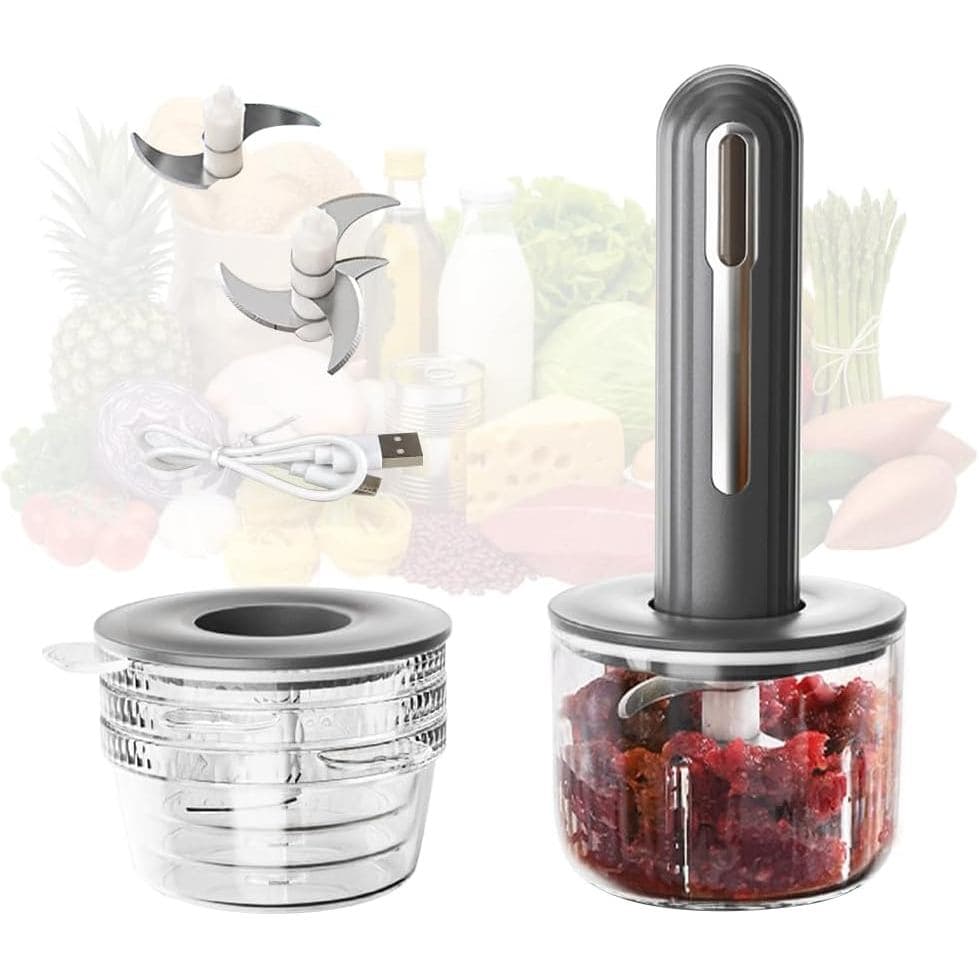 Picador de Alho Elétrico, Mini Processador de Alimentos com 4 Copos e 2 Cortadores, Picador Elétrico de Alimentos para C