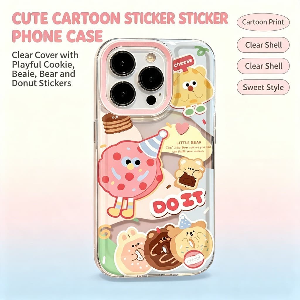Doce Lanche Urso Adesivo Impressão iPhone Caso Transparente Macio Leve Anti Risco Telefone Embalagem