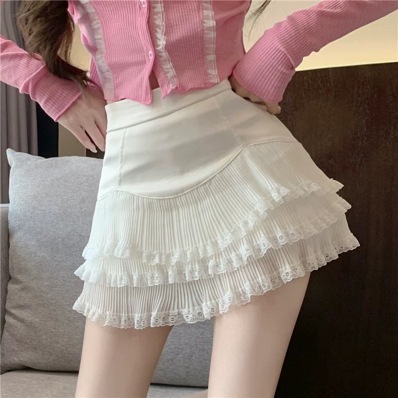 Estilo coreano Anti-reflexo Chiffon inchado bolo saia puro desejo renda babados saia linha A