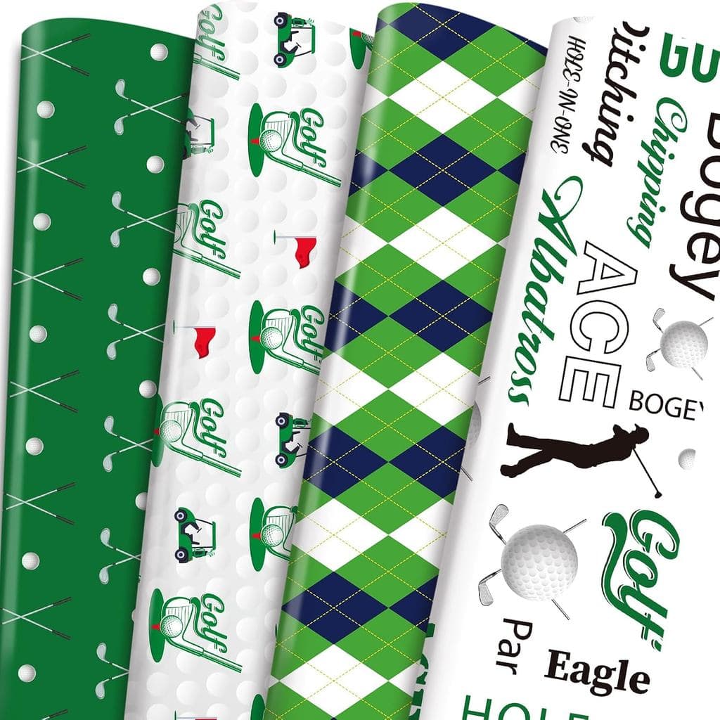 TAKEALOOKO Papel de Presente Verde para Golfe para Homens - 12 Folhas de Papel de Presente Esportivo com 4 Padrões Xadre