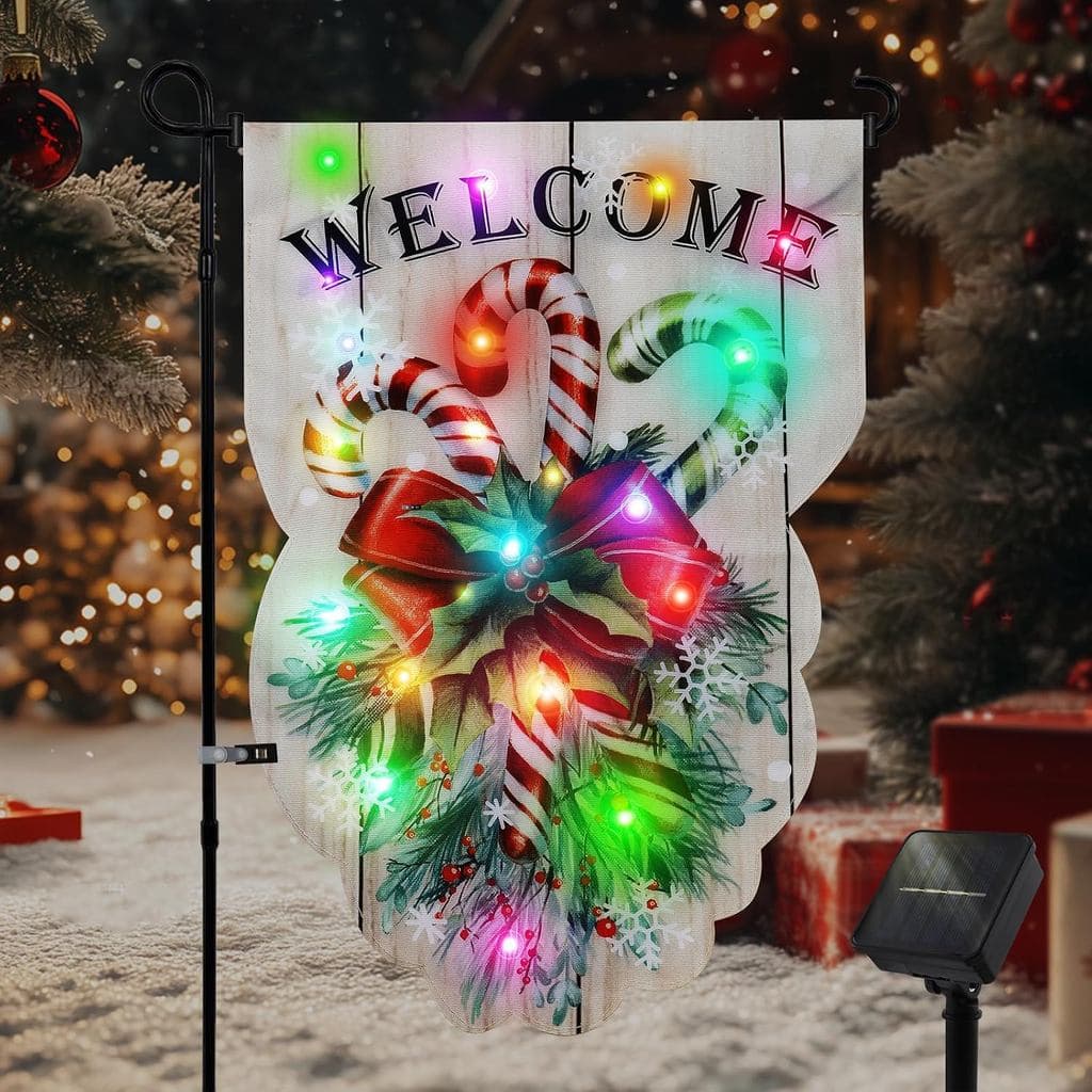 Bandeira de Natal Iluminada para Jardim - Decoração de Natal ao Ar Livre à Prova d'Água de 18x13 polegadas com 24 LEDs q