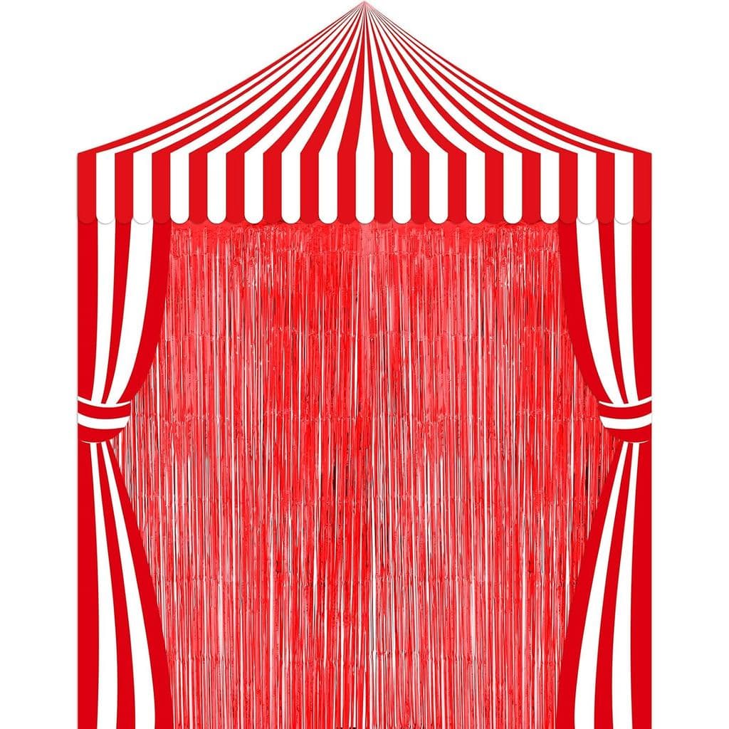 Ziliny 5 Pcs Carnival Circus Party Decorations Set Red White Circus Tent with Tinsel Fringe Curtain Backdrop Striped Clo