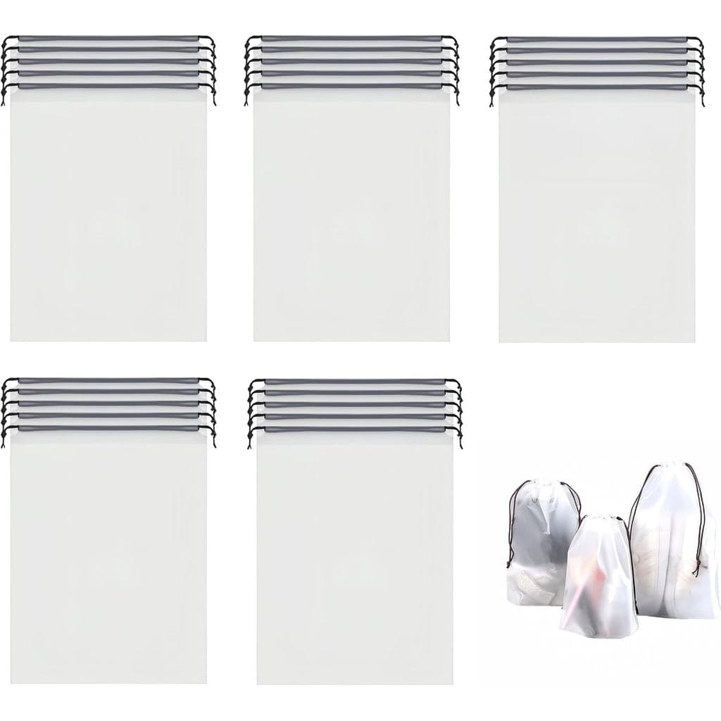 25 Pack Travel Shoe Bags, 15.7" x 11.8" Frosted Transparent Travel Shoe Pouch, Waterproof Portable Drawstring Travel Sho