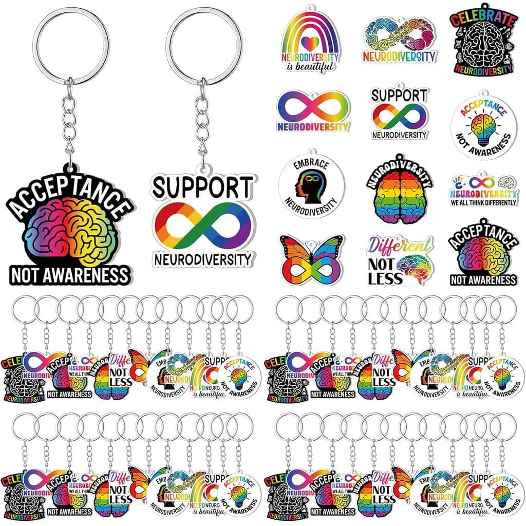 Kenning 36 Pcs Neurodiversity Acceptance Keychains Acrylic Celebrate Neurodiversity Brain Autism Rainbow Keychain Health