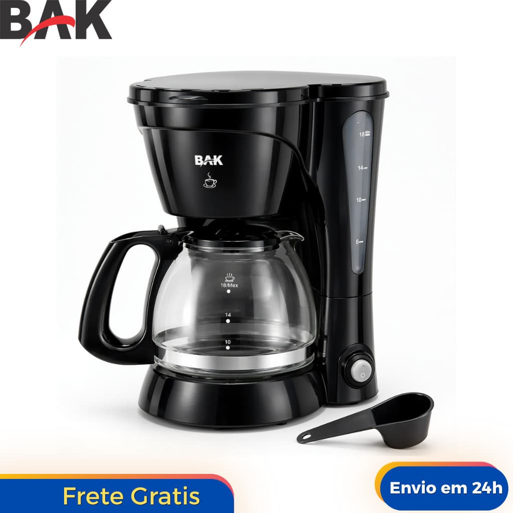 Cafeteira Elétrica Preta BAK 18X 650W Jarra de Vidro Premium Mantém Aquecido Com Filtro 110v 220v