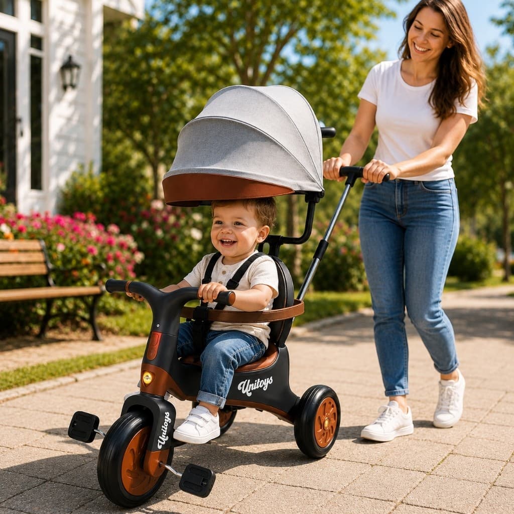Triciclo Infantil Vintage Cinza com Empurrador Seguro Controle Desenvolvimento Motor