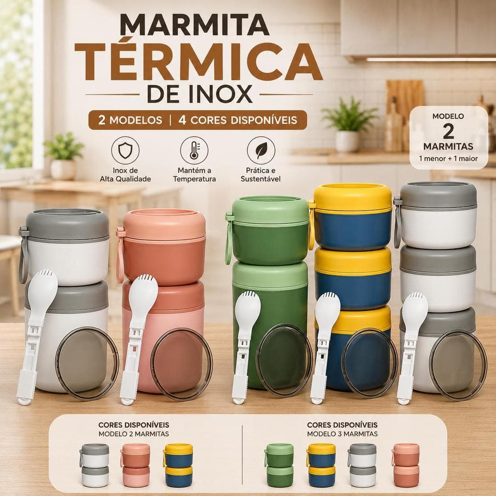 Marmita Térmica Aço Inox 304 com Colher 290ml, 530ml Kit 2 e 3 Peças Vedação