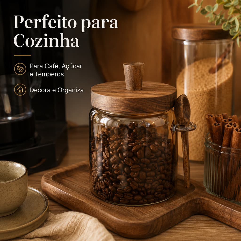 Pote de Vidro Hermético com Tampa de Madeira Porta Mantimentos com Colher para Café Açúcar e Temperos 400ml/600ml