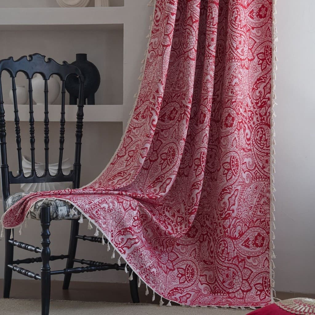 Qiyun Cortina Francesa Estilo Retro Jacquard Vermelho Tridimensional Cortina Fresca Acabada Borla Semi-Blackout