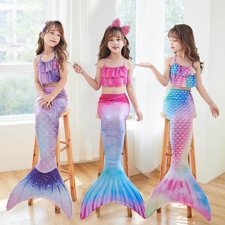 Fantasia de Sereia para Crianças, Conjunto de Três Peças com Cauda de Peixe para Meninas, Vestido de Princesa, Biquíni