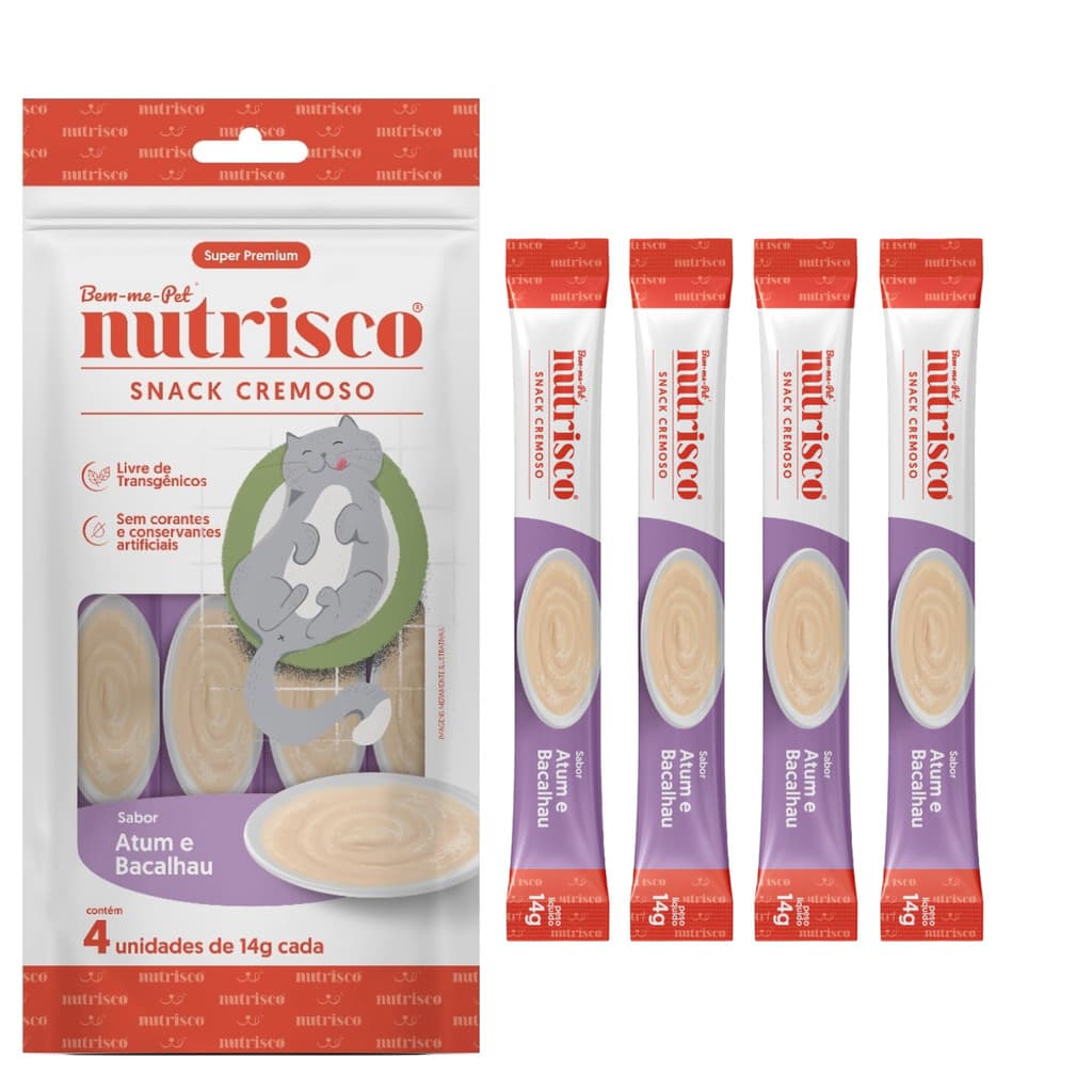 Kit Nutrisco Petisco Cremoso para Gatos sabor Atum e Bacalhau C/ 4 tubos de 14g cada igual churu