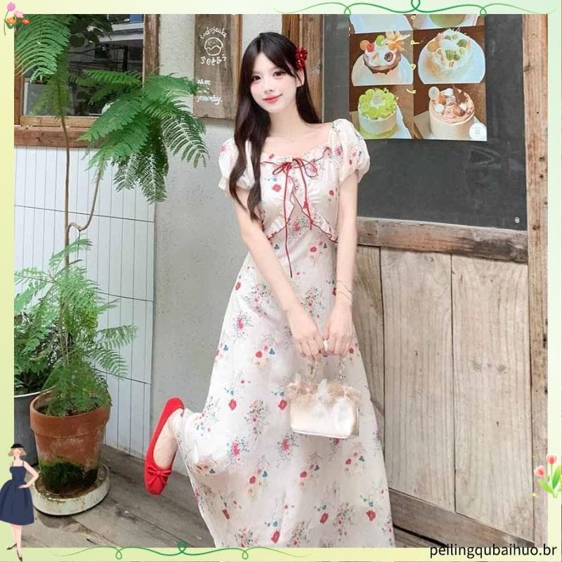 Novo estilo chinês doce Puff mangas cintura estreita mais magro olhar saia longa chá Break estilo temperamento Floral da
