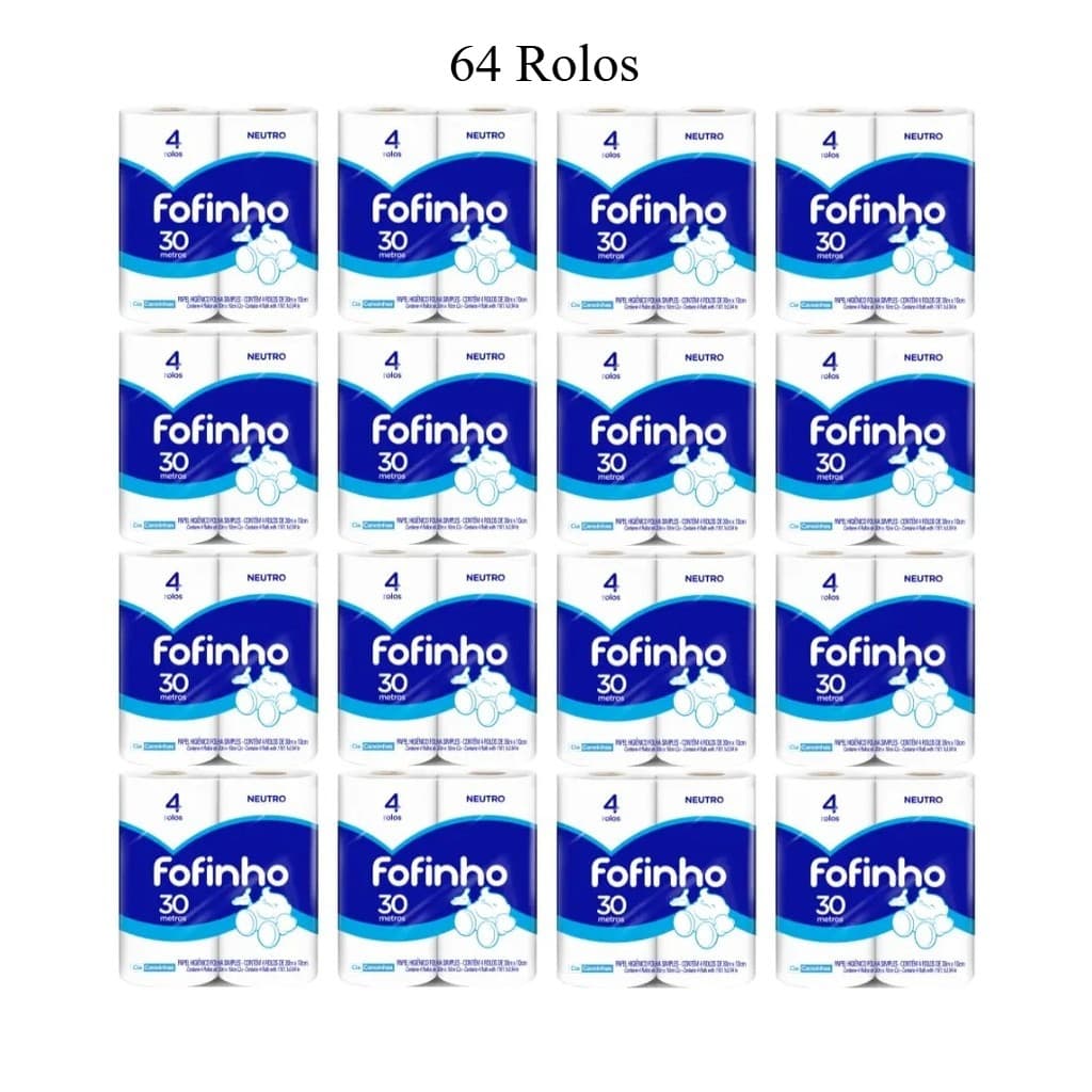 Fardo 64 Rolos Papel Higiênico Folha Simples 30x10 Fofinho