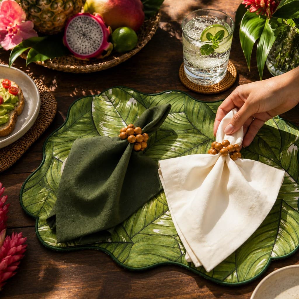Kit Mesa Posta Folhas - Com Lugar Americano + Guardanapo + Porta-Guardanapo