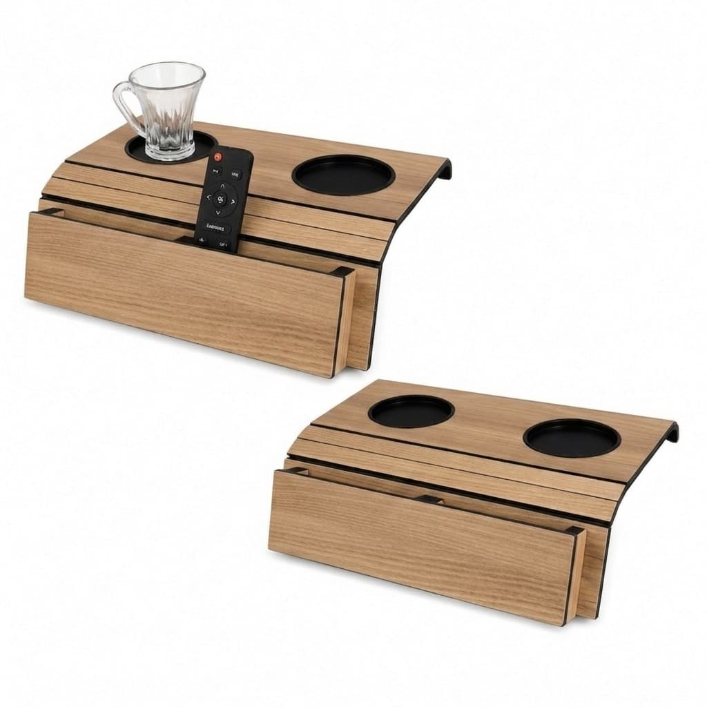 Kit Bandeja Porta Copos com Porta Controle Organizador para Sofá Sala e Mesa
