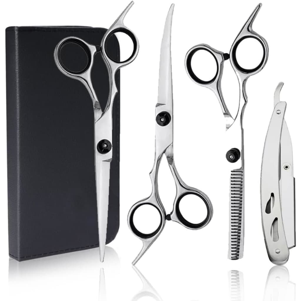 Kit Tesouras Barbeiro Profissional 6 Peças Navalha Pente Estojo KA-5538