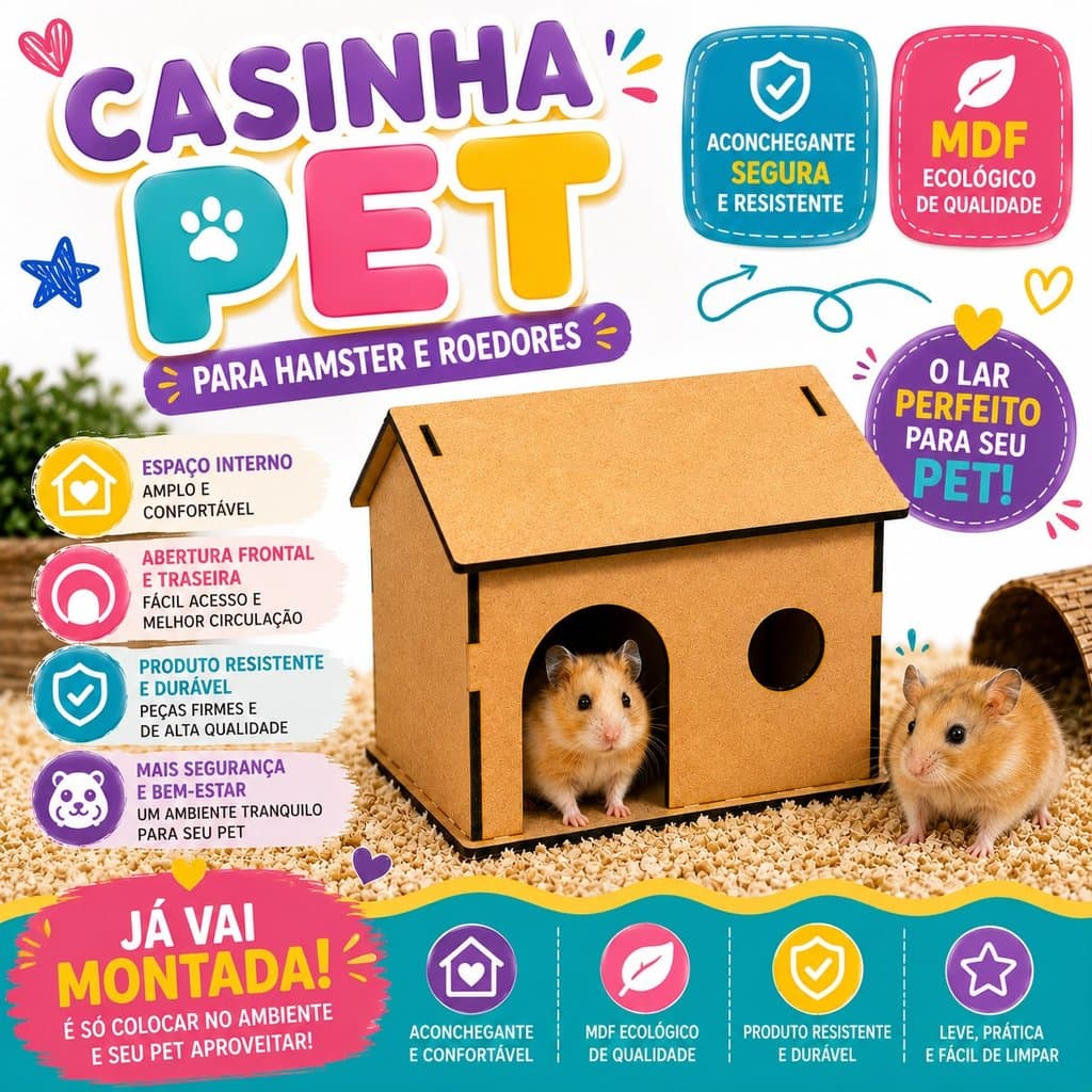 Casinha para Roedores em MDF Casa Toca para Hamster Porquinho da Índia e Pequenos Pets