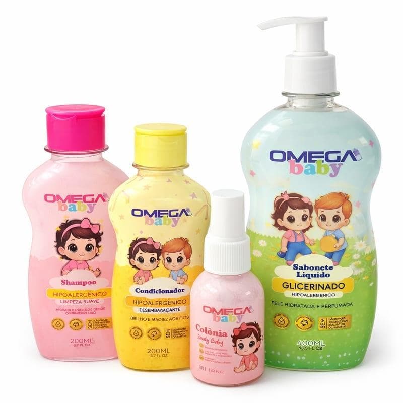 Kit Banho Bebê Omega Baby Menina 4 itens - Shampoo 200ml, Condicionador 200ml, Sabonete Líquido 400ml, Colônia 100ml