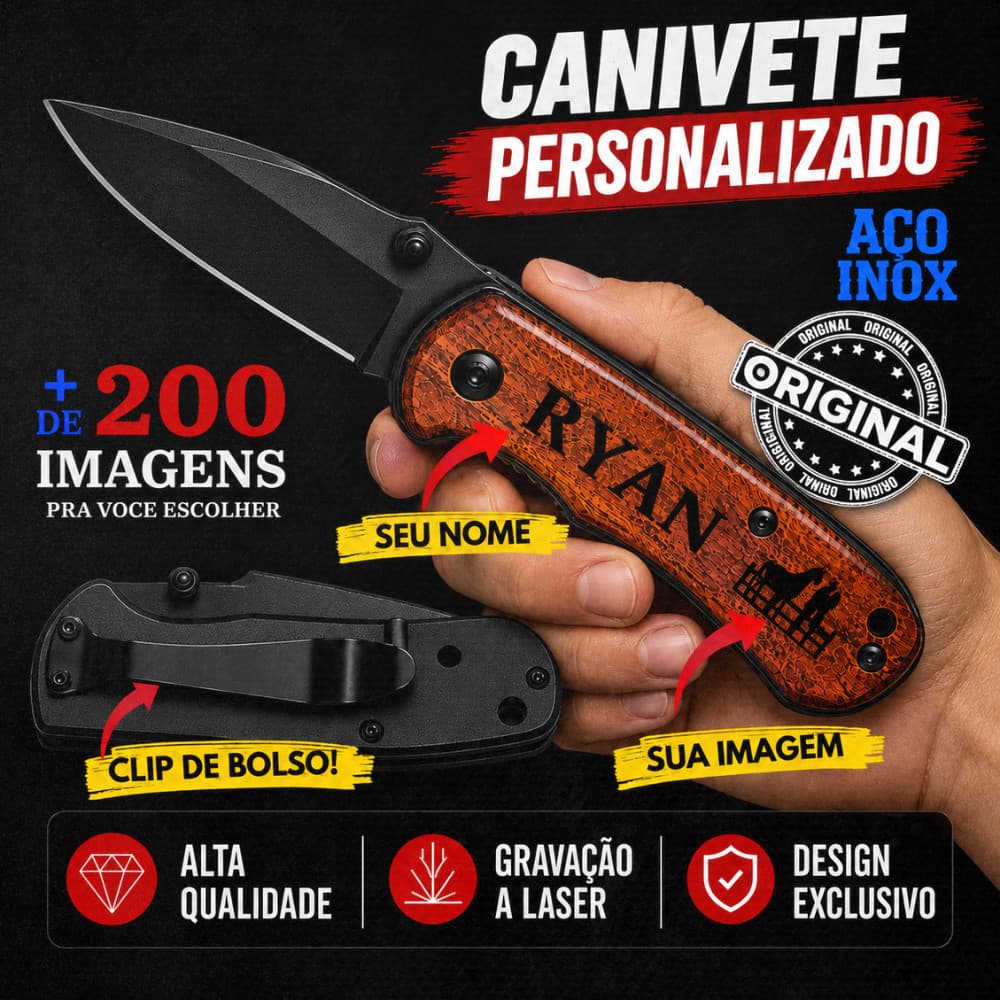 Canivete Personalizado Madeira Wood Gravado a Laser com Nome e Imagem Presente Masculino Inox Clip de Bolso