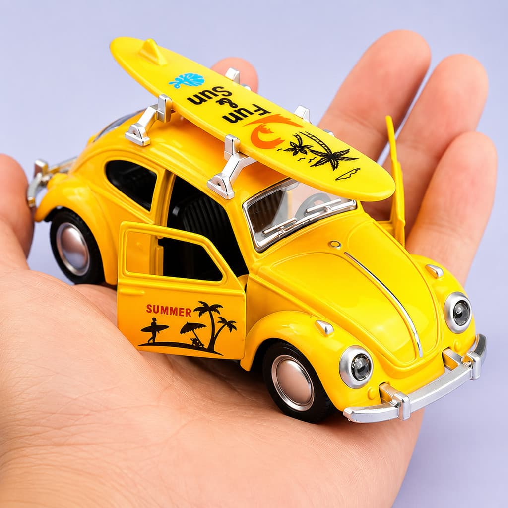 Miniatura Fusca Praiano Retrô com Prancha de Surf   Fricção  Abre Portas  Metal