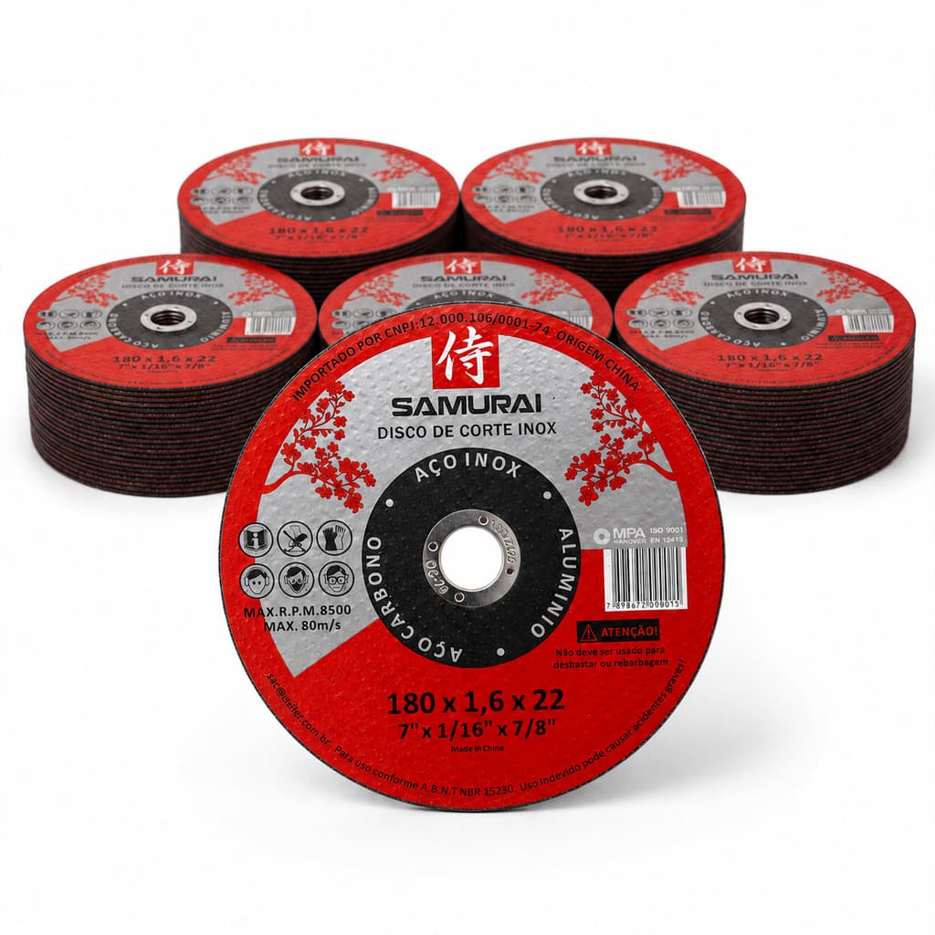 Kit 50 Discos Corte 7 Polegadas 180x1,6mm Fino Inox Ferro Aço Samurai Esmerilhadeira Lixadeira