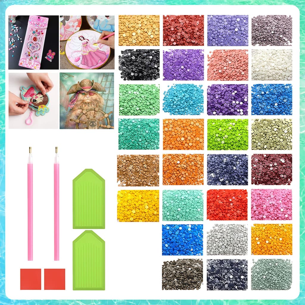 Diamantes Redondos para Pintura 30 Cores 15000 Peças – com 2 bandejas, 2 canetas e adesivo, perfeito para reposição