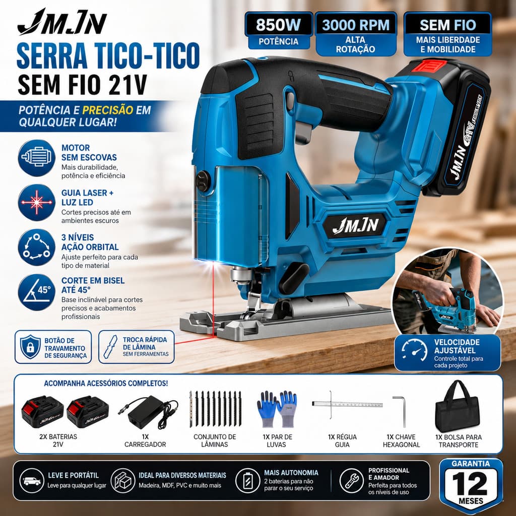 Serra Tico Tico 36v 850W Brushless Com 2 Bateria Portátil 3000rpm Com Laser e Luz LED